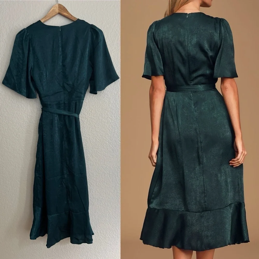 Love Dark Green Satin Faux-Wrap Midi Dress - Picture 3 of 8